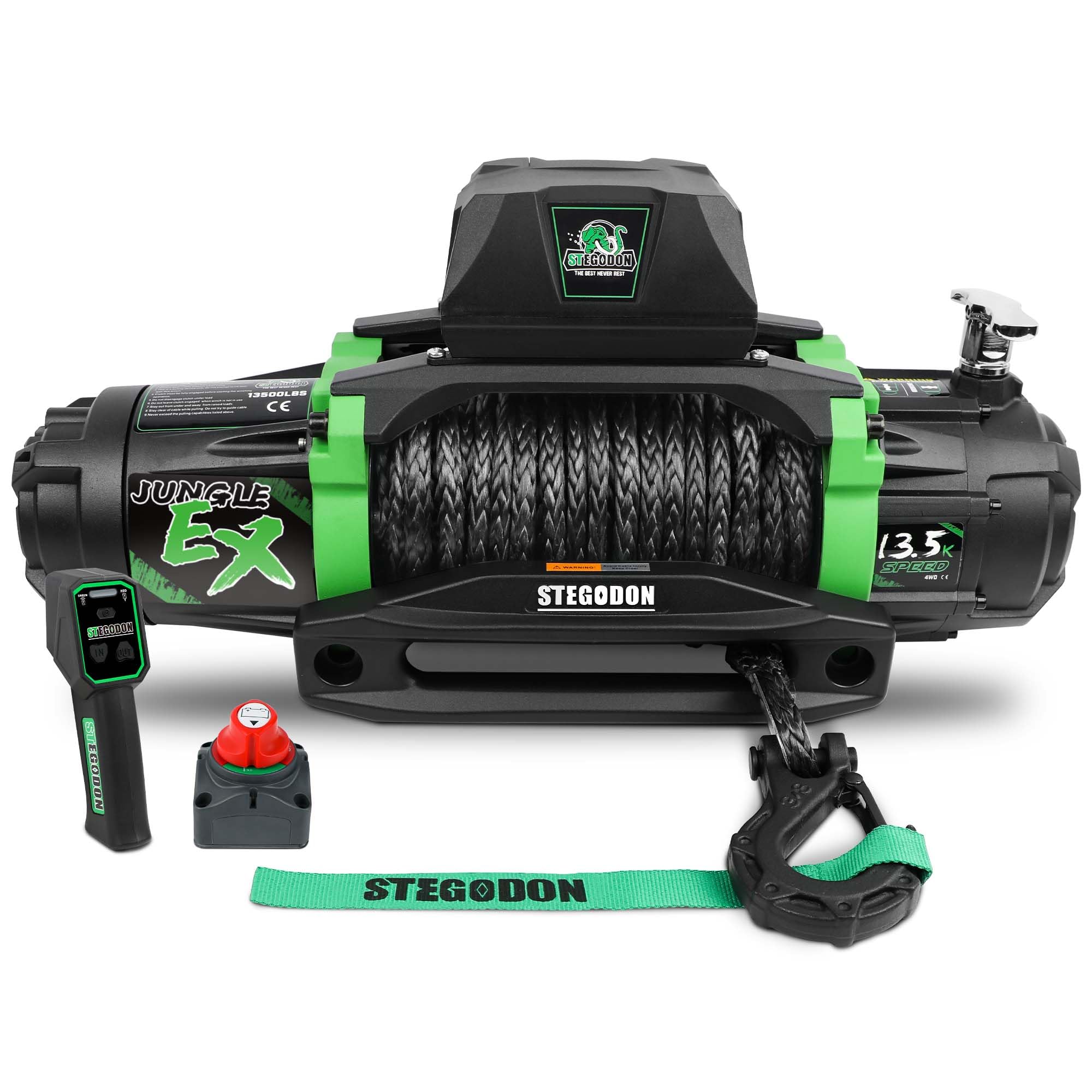 Photo 1 of ** NEW** STEGODON Winch 13500 lb Winch 12V Waterproof Electric Winch Synthetic Rope Winch Off Road Winches with 2 in 1 Wireless Remote for Towing Jeep Truck Off Road (Jungle EX)