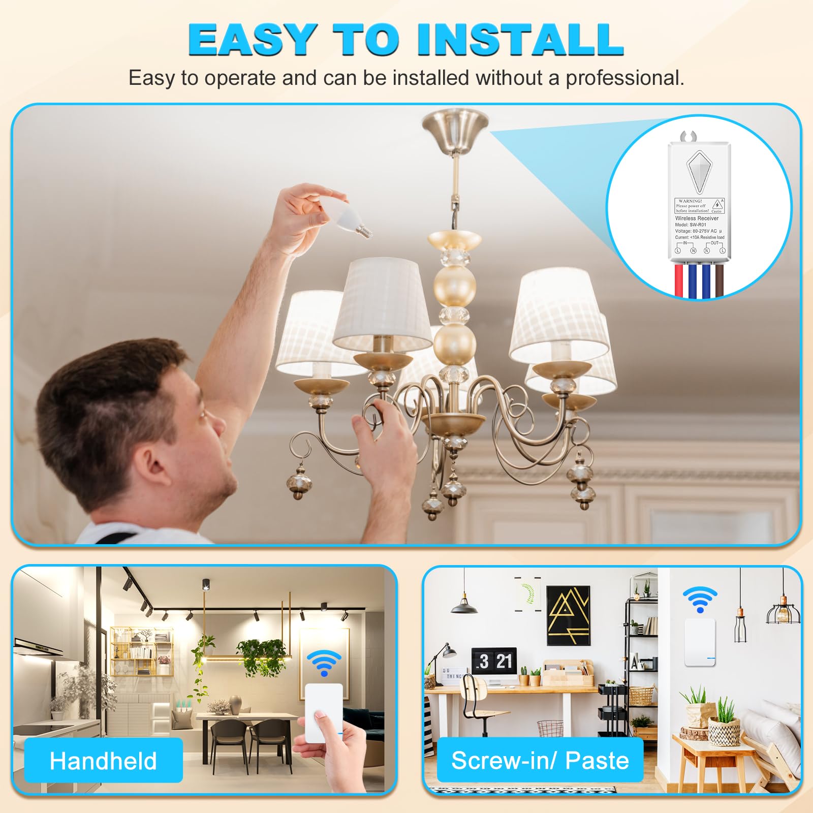 Funkschalter 230V, NineLeaf MiNi Lichtschalter Funk mit Fernbedienung, Einfache Installation, Reichweite der Fernbedienung 100m, IP66 Wasserdicht Tragbarer Kabelloser Schalter für 1000W Lampe 5