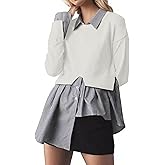 MISSACTIVER Women’s Lapel Collar Slit Patchwork Sweater 2 in 1 Button Down Knit Pullover Asymmetrical Hem Striped Shirt
