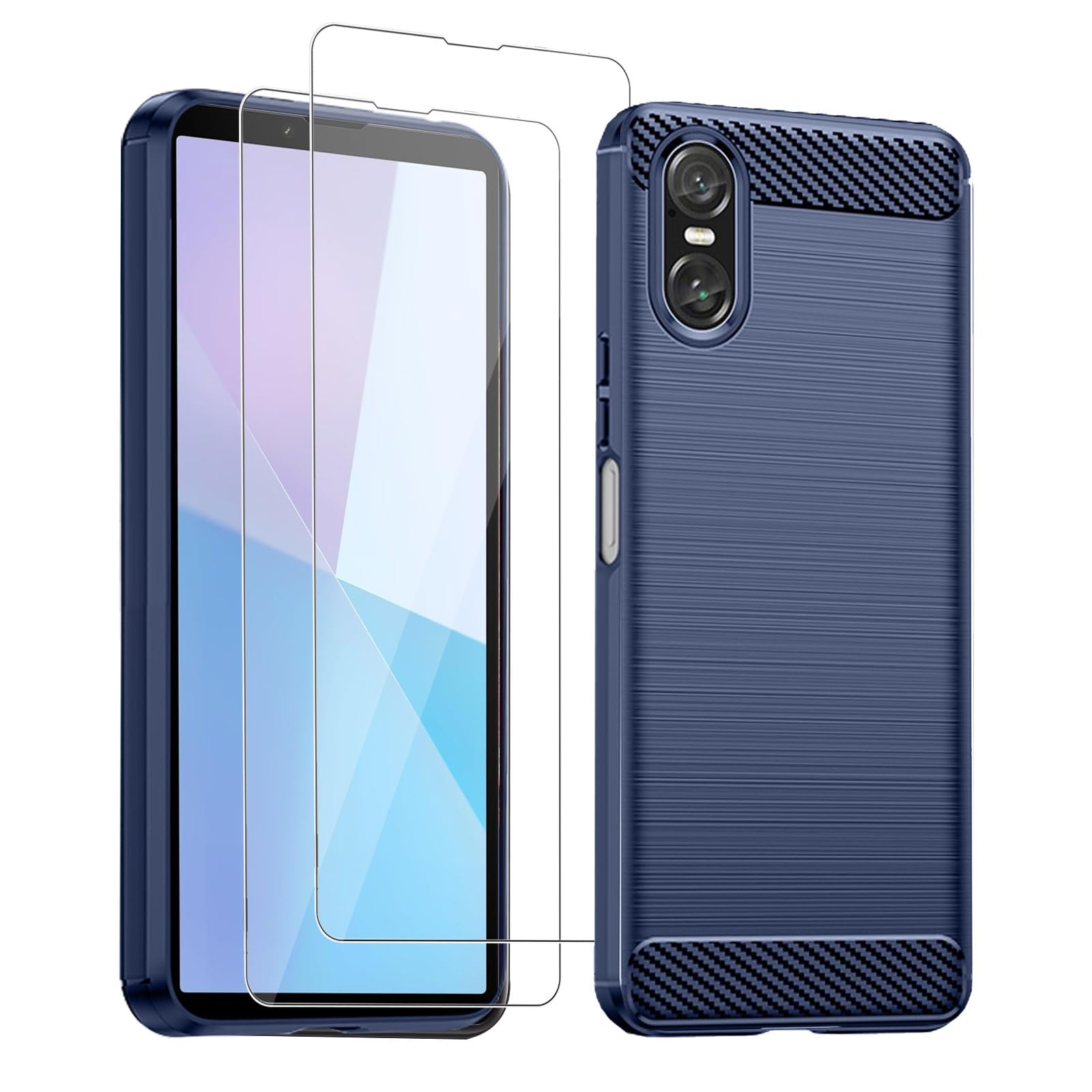 KZIOACSH Case for Sony Xperia 10 VI, Full Protection Anti-Scratch Soft TPU Phone Case [Carbon Fiber Texture] Ultra Thin Shockproof Anti-Drop Rugged Bumper Cover with 2 Tempered Glass Film,Blue
