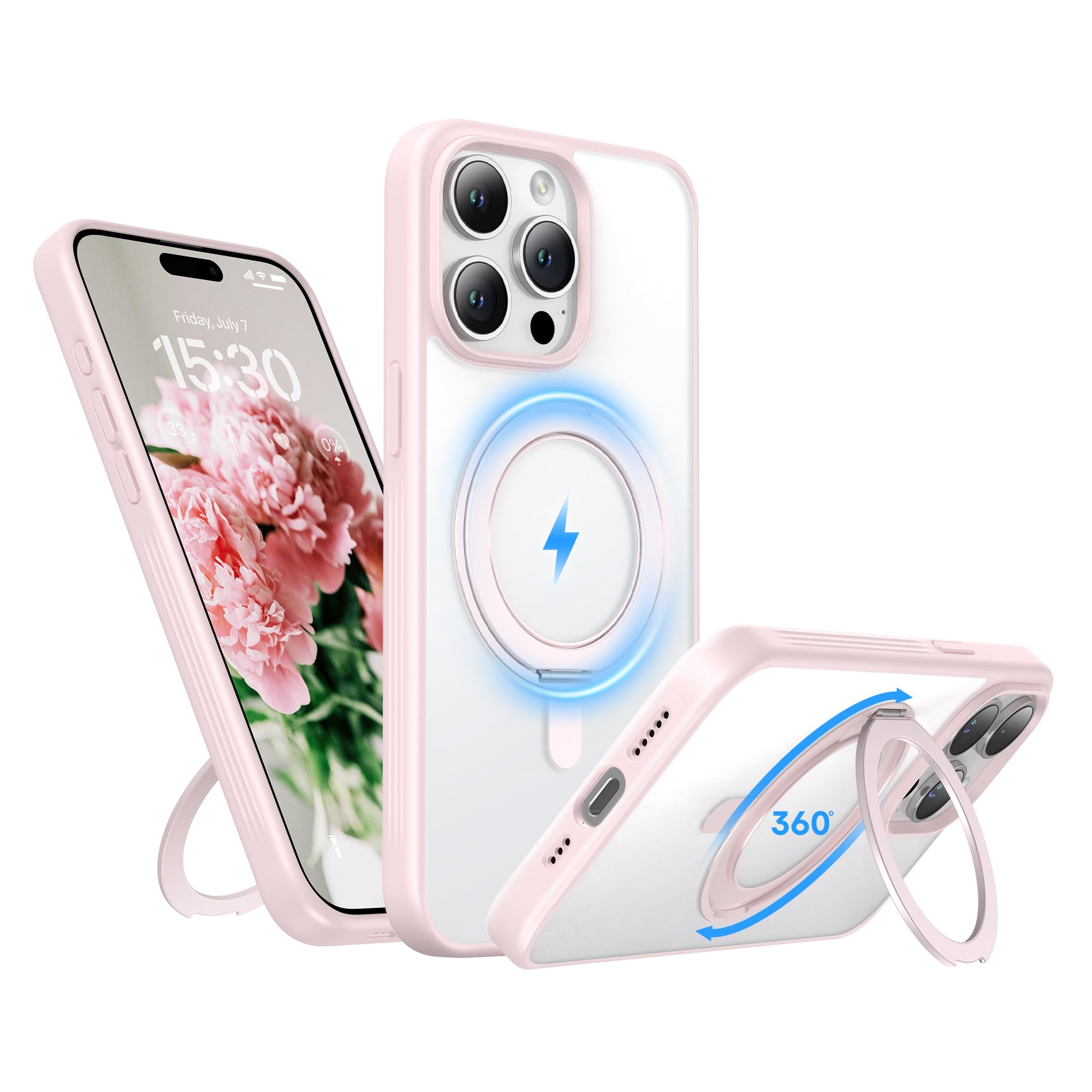 Niunisi Stand for iPhone 15 Pro Case, [Compatible with Mag Safe] 360° Rotatable Ring Holder Kickstand Military Shockproof Protective Case for iPhone 15 Pro 6.1 Inch, Pink