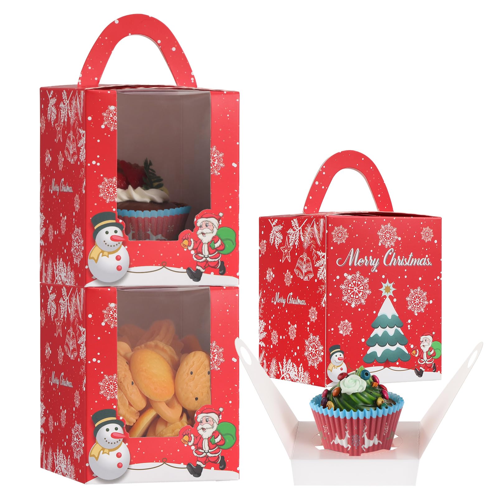 TsunNee 50pcs Christmas Muffin Boxes & Liners - Cupcake Carrier, Gift Boxes for Pastries, Cookies, Brownies & Donuts