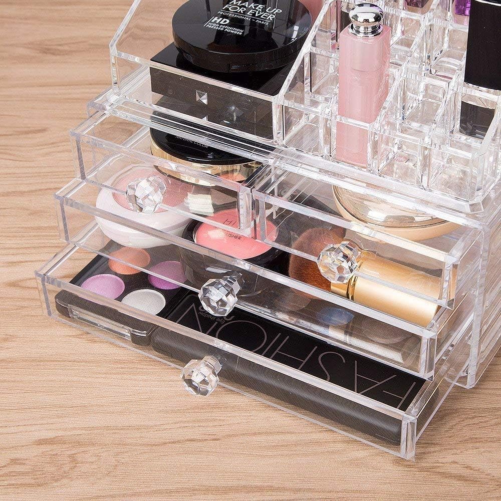 iPEGTOP Acrylic Clear Make Up Organiser Cosmetic Storage Box Display Makeup Case, 20 Sections with 4 Drawers, Diamond Drawer Handle: Home Improvement