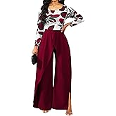 Casual Floral Jumpsuit for Women Dressy Elegant Scoop Neck Long Sleeve Long Pants Cocktail Party Rompers