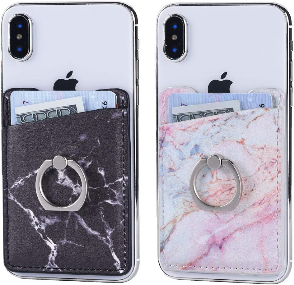 2Pack PU Leather Adhesive Phone Pocket Card Holder,Cell Phone Stick On Credit Cards/ID Wallet Sleeve,with Sticker for Back of iPhone,Android and All Smartphones (PU Purple&Black Marble)