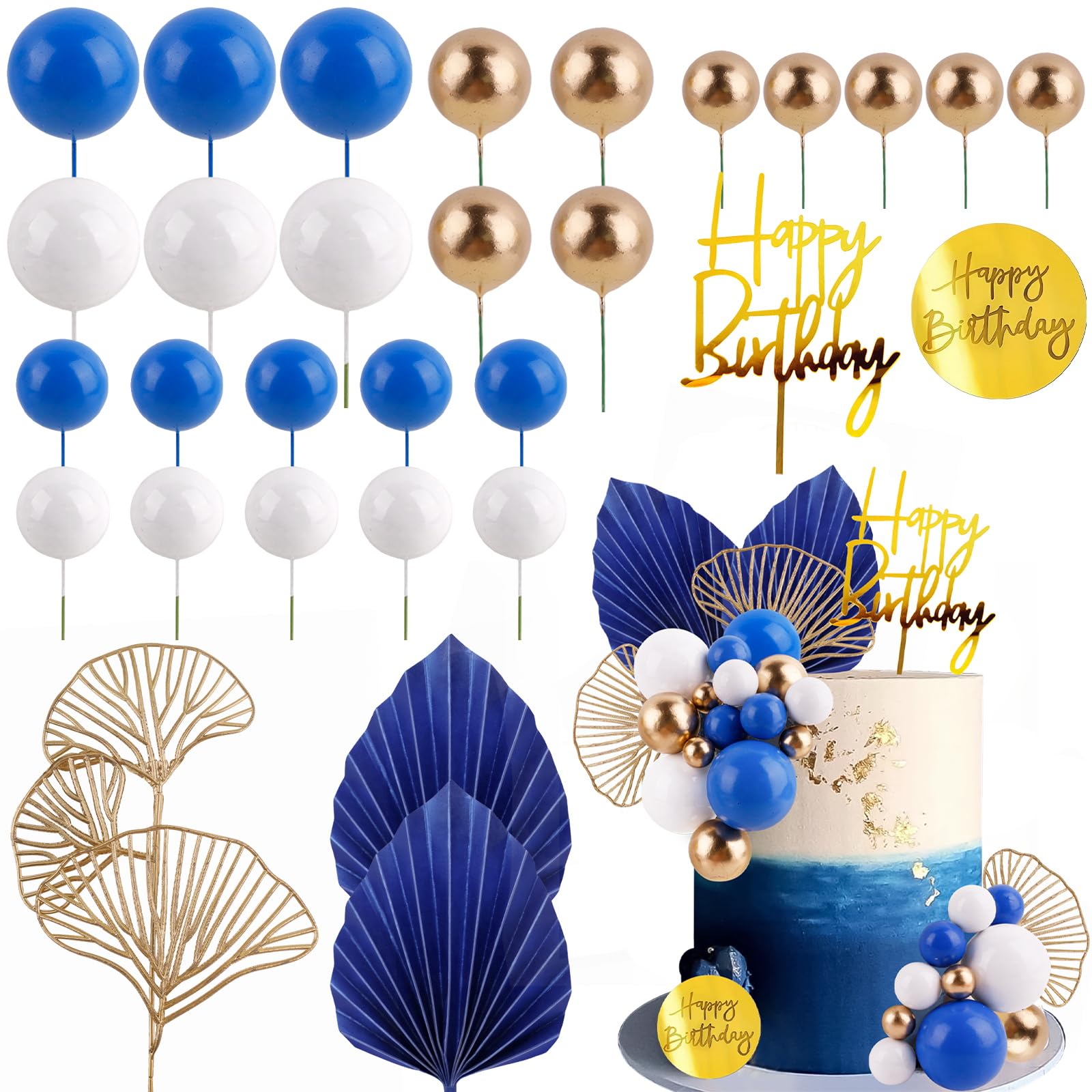 Photo 1 of MEMOVAN Blue White Gold Ball Cake Toppers Balls Cupcake Toppers Foam Ball Shaped Cake Picks DIY Balloon Cake Insert Topper Ball Birthday Cake Decorations for Birth Boho Wedding Baby Shower Party