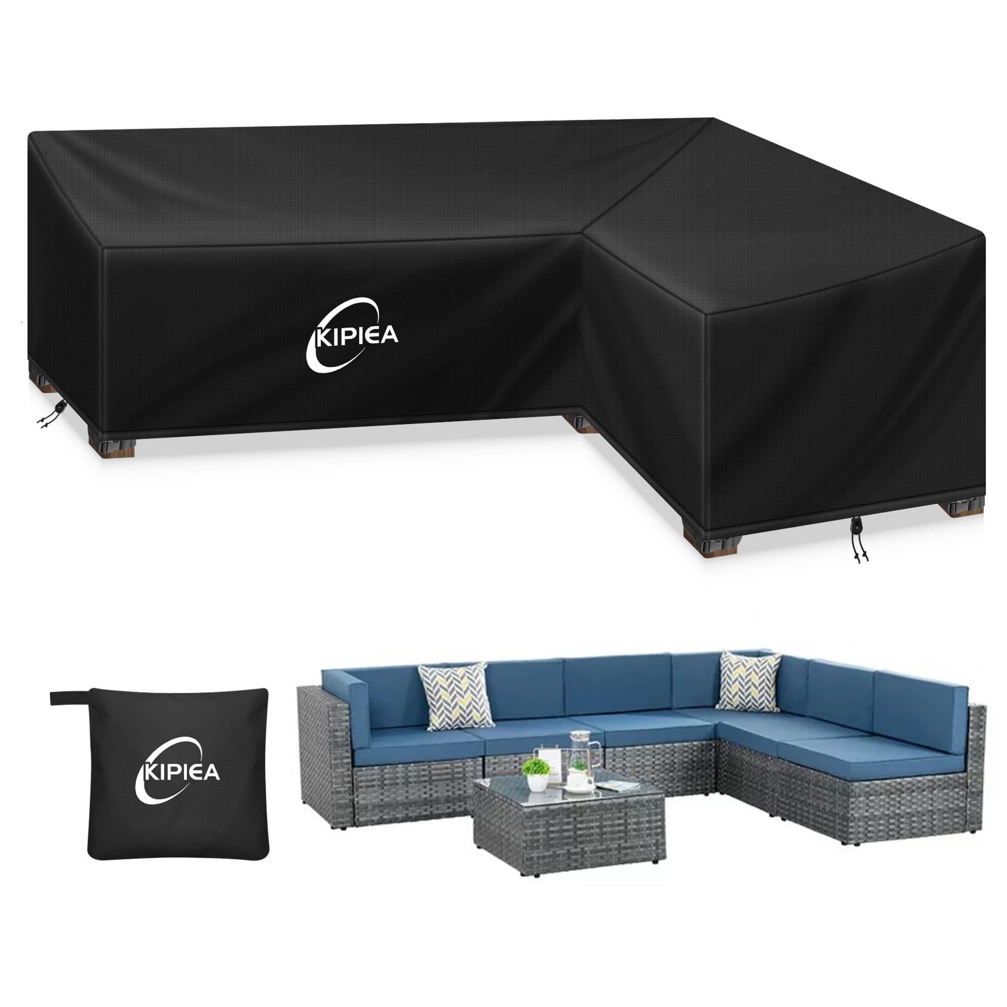 Photo 1 of Kipiea Patio L-Shaped Sectional Sofa Cover, 420D Heavy-Duty Oxford Fabric Outdoor Sectional Cover with 6 Windproof Buckles, No Tears Anti UV No Fading (Right Facing, 85" x 58" L x 33.5" D x 31" H)
