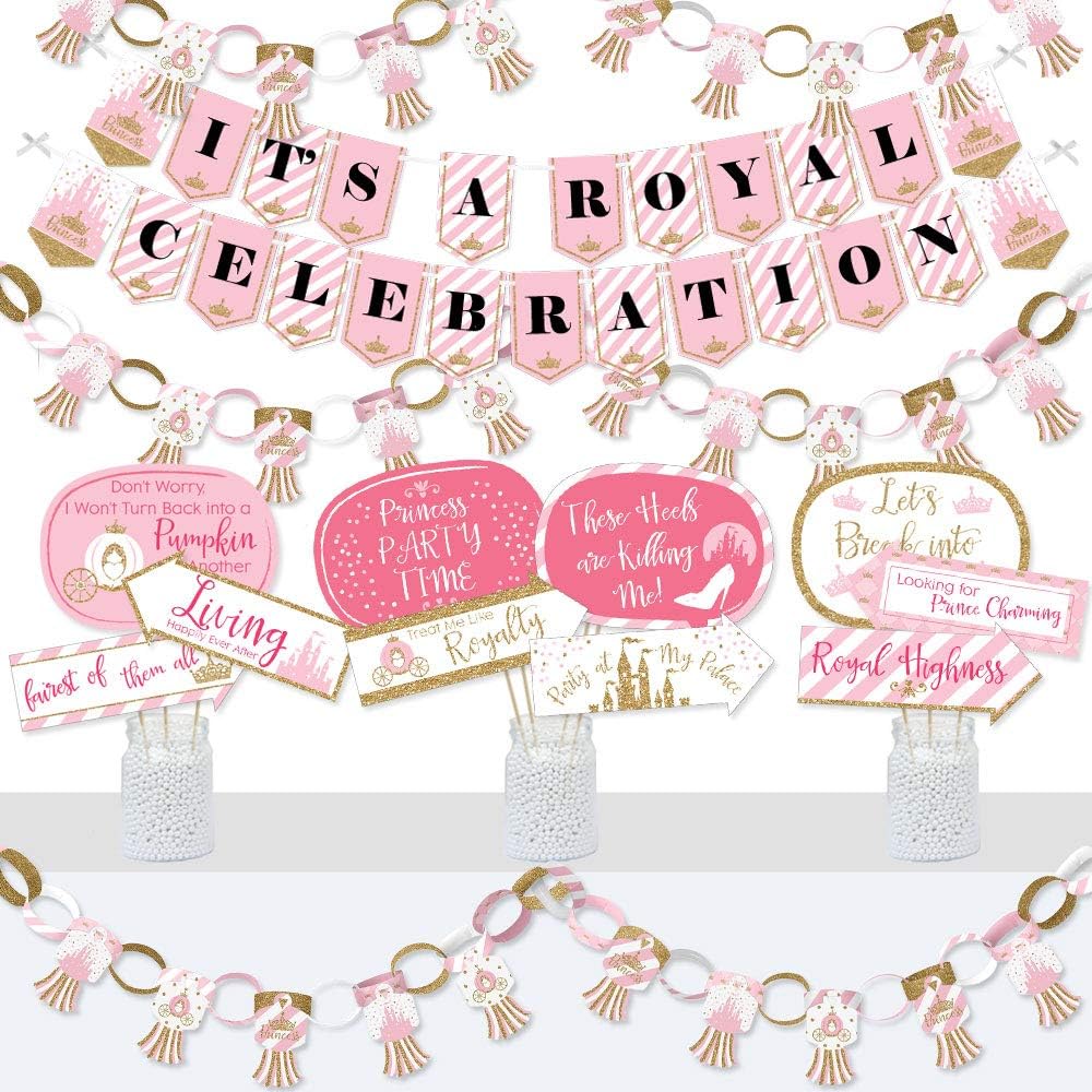 Big Dot of Happiness Little Princess Crown - Banner and Photo Booth Decorations - Pink and Gold Princess Baby Shower or Birthday Party Supplies Kit - Doterrific Bundle