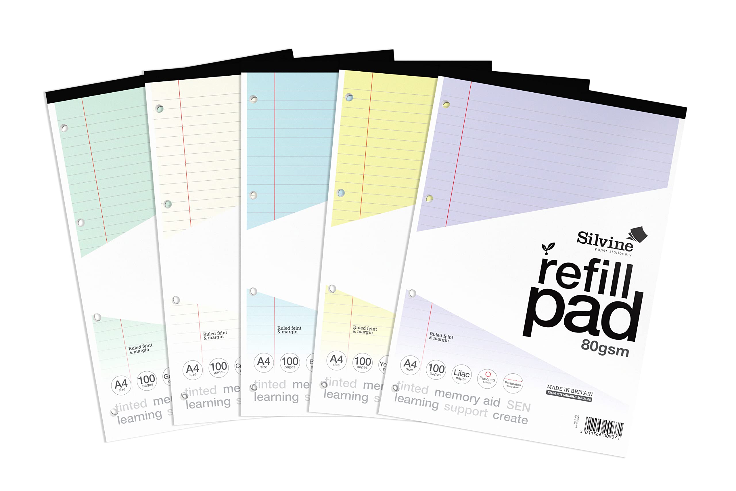 Silvine A4 Assorted Colour Dyslexia Refill Pads - Lined with Margin (5 Pack)