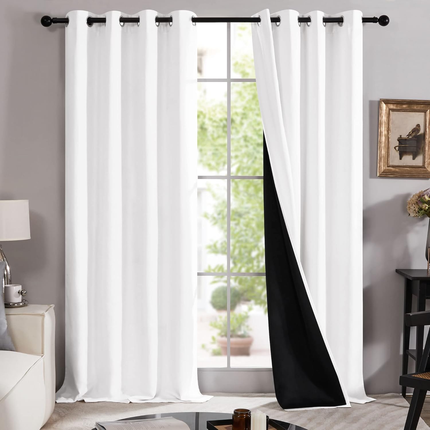 Window Treatments - Deconovo White Blackout Curtains for Bedroom and Living Room - 100% Light Blocking Window Curtains 84 Inches Long with Black Liner, Set of 2 Panels 52W x 84L Inches, Pure White