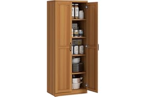 HOMCOM 63" 2-Door Kitchen Pantry, Freestanding Storage Cabinet with 5-Tier Shelving and 2 Adjustable Shelves for Dining Room, Teak Wood Grain