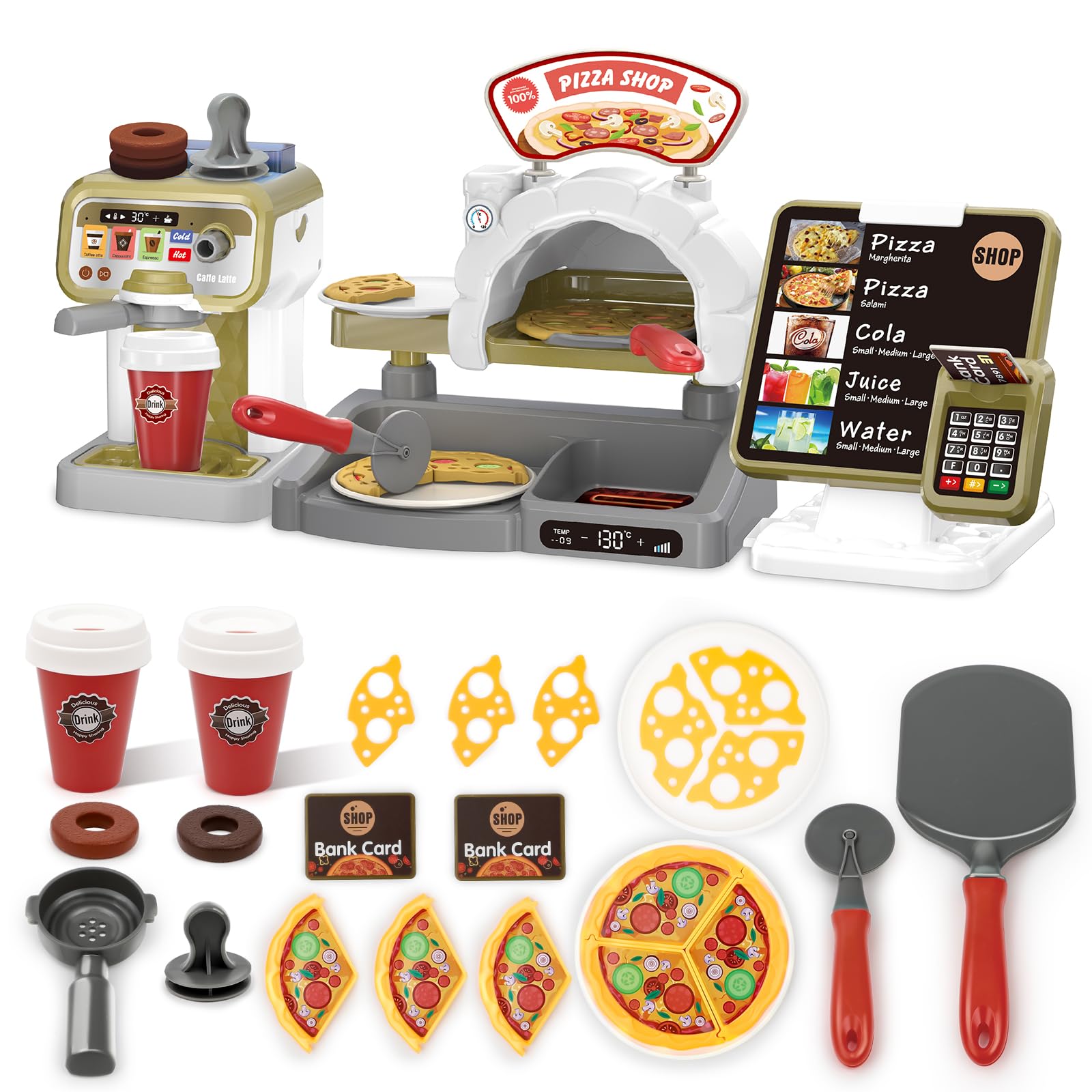 deAO Pretend Play Store Coffee Playset Kids Coffee Maker Play Set Pizzas Shop with Cash Register 30pcs STEM Toy for Kids Great Pre-School Gift for Toddlers Boys & Girls Age 3+,Brown,Medium