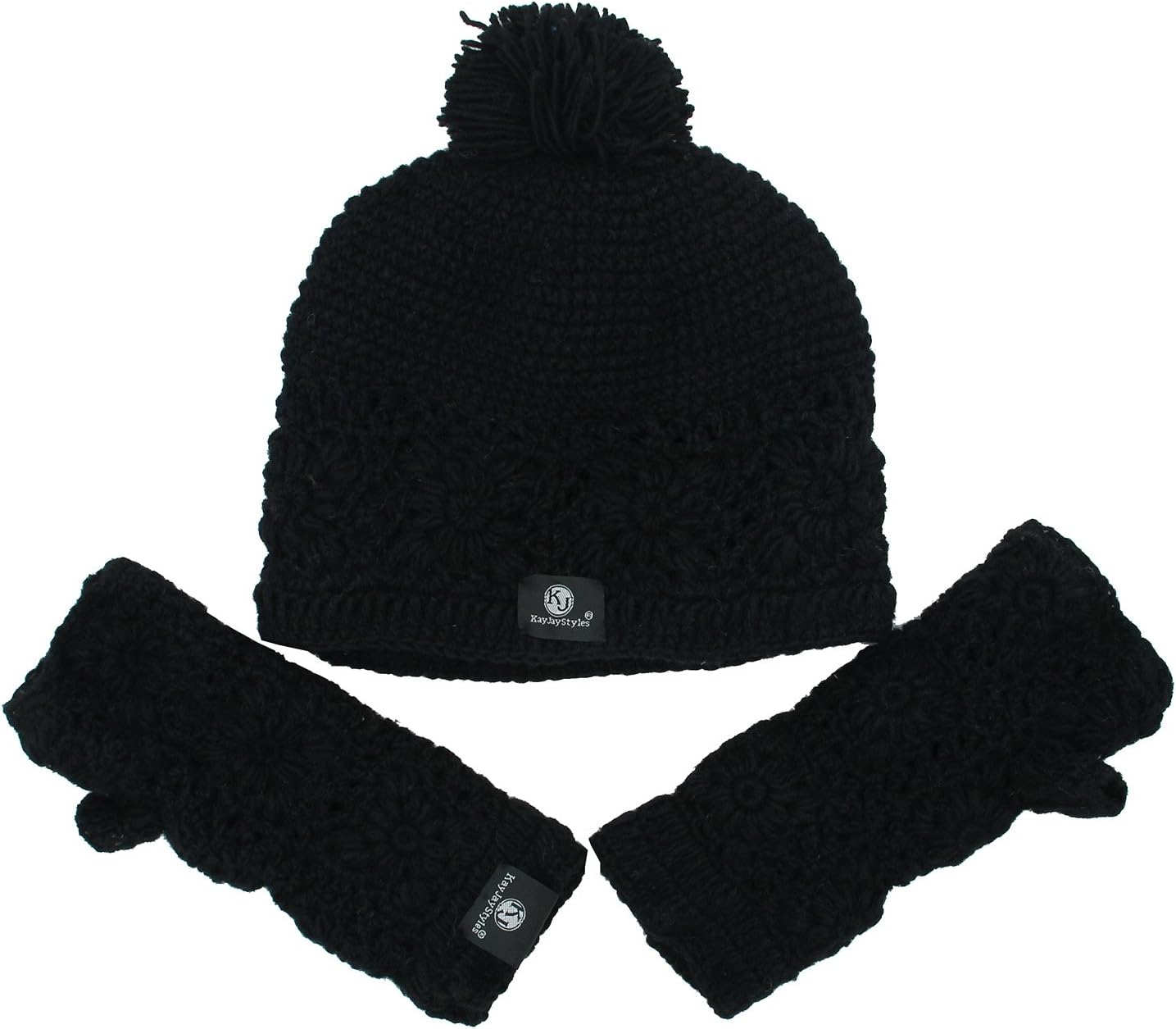 KayJayStyles Nepal Hand Knit Ear Flaps Beanie Ski Wool Hat & Glove Mitten Set