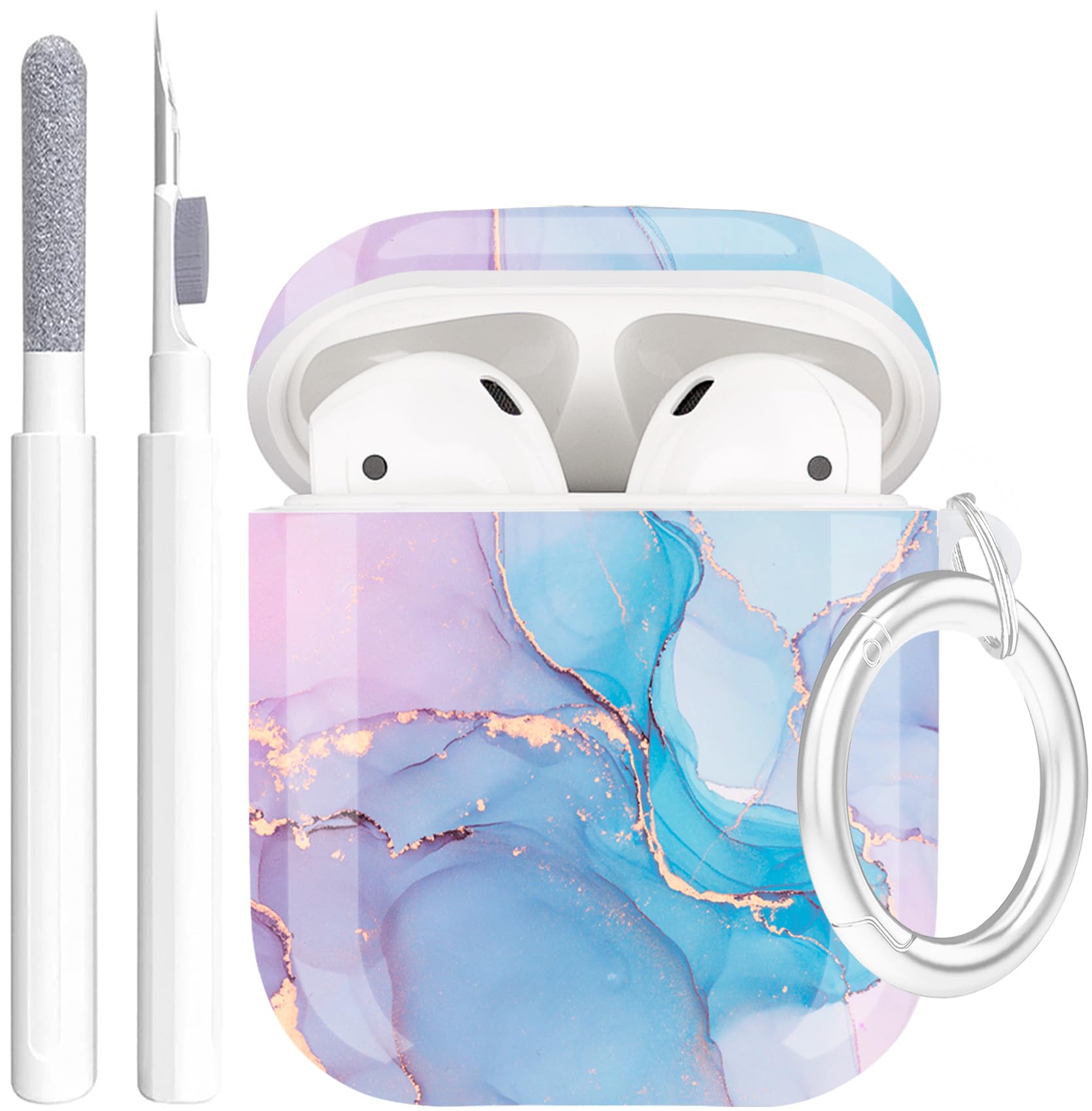 Photo 1 of Protective Hard Case Cover with Cleaner Kit Portable Shockproof Women Girls with Keychain for Apple Airpods 2/1 Charging Case - Watercolor Marble