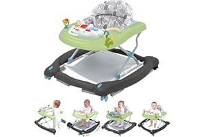 PAWTONG Foldable Baby 5-in-1 Activity Walker - Rocker, Activity Center, Bouncer, Seat Walker, Push Walker - Adjustable Speed Rear Wheels and Height Toys Ages 6-18 Months… (Green)