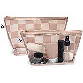 Tiny Twinkle Diaper Bag Organizing Pouches | 2 Pack Mess-Proof Travel Organizer Bags with Structured Bottom & Clear Front | TSA Approved Toiletry Bag Set for Baby and Mom Essentials (Beige Checkers)