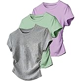 RoseSeek Girl's 3 Packs Short Sleeve Ruched T Shirt Crewneck Slim Fit Basic Tee Tops Summer Clothes