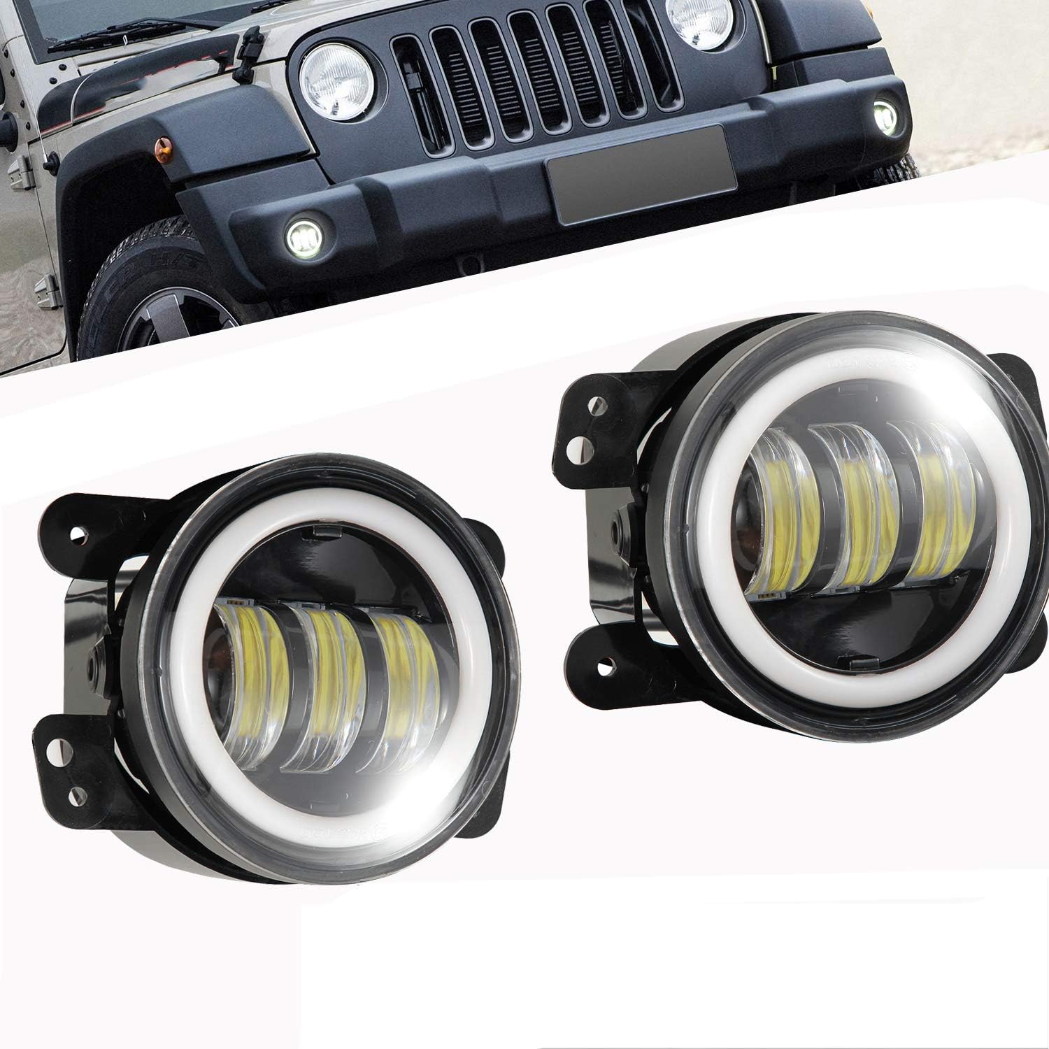 Ricoy 2x 4inch Bumper Round Led DRL Fog Turn Light White Halo Ring Light For Wrangler JK TJ LJ