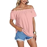 LYANER Women's Off Shoulder Ruffle Short Sleeve Ruched Casual Loose Tops Blouse Shirt
