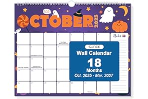 SUNEE Wall Calendar 2026-18 Months Oct. 2025 - Mar. 2027, 14.5"x11.5" Big Grid Hanging Calendar 2025-2026 with Note for Organizing & Planning, 2026 Monthly Calendar with Note, Cute