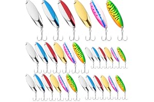 LaRandom 30 Pcs Fishing Spoons Lures 5 Size Metal Spoon Fishing Lures Casting Trout Spoons with Treble Hooks Luminous Casting Spoon Durable Treble Hooks for Bass