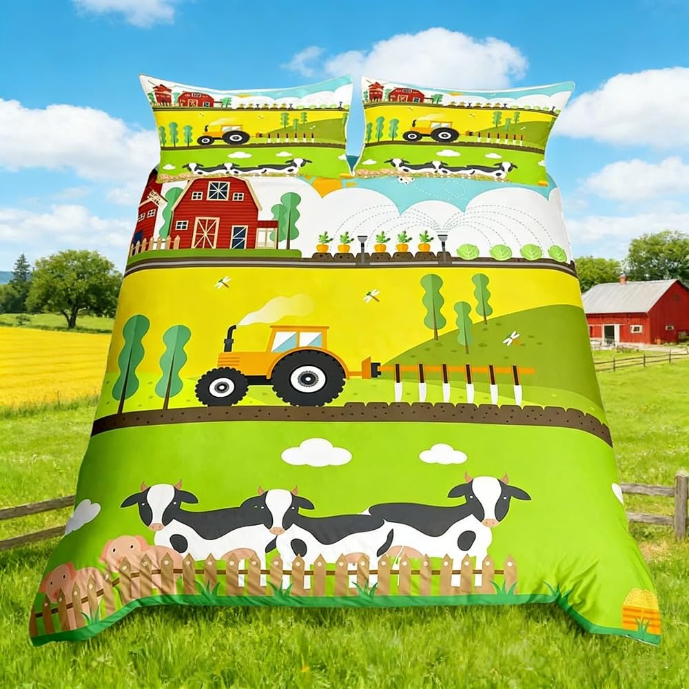 Loussiesd Toddler Cute Cows Bedding Set for Girls Boys Child Kids Cartoon Tractor Comforter Cover Kawaii Pigs Colorful Natural Scenery Duvet Cover Farmhouse Country Style Bedspread Cover Single