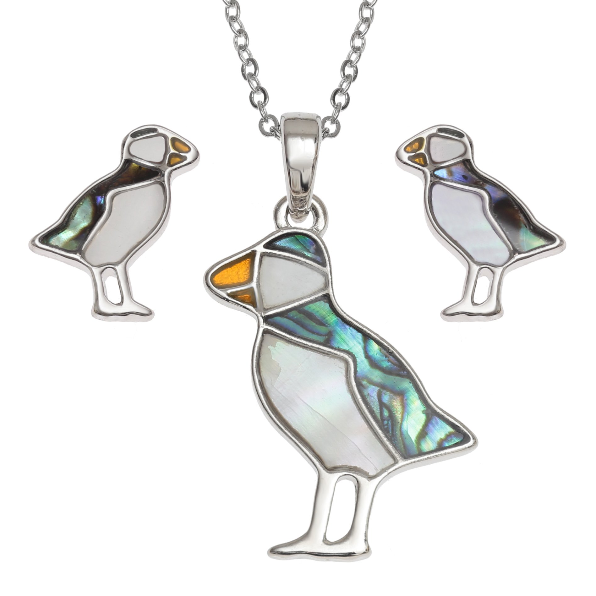 Kiara Jewellery Puffin Boxed Set of Pendant Inlaid With Natural green And Mother Of Pearl Paua Abalone Shell on 18" Trace Chain Together With Matching Hypoallergenic Rhodium plated Earrings.