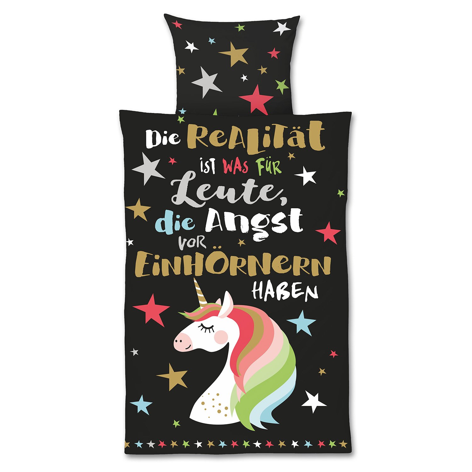 H:)PPYlife bed linen set „Die Realität Ist Was für Leute, Die Angst vor Einhörnern Haben’’,cotton, cover 135 cm x 200 cm, head pillow 80 cm x 80 cm, 2-piece set, multi-coloured, 135 x 200 cm — image 1