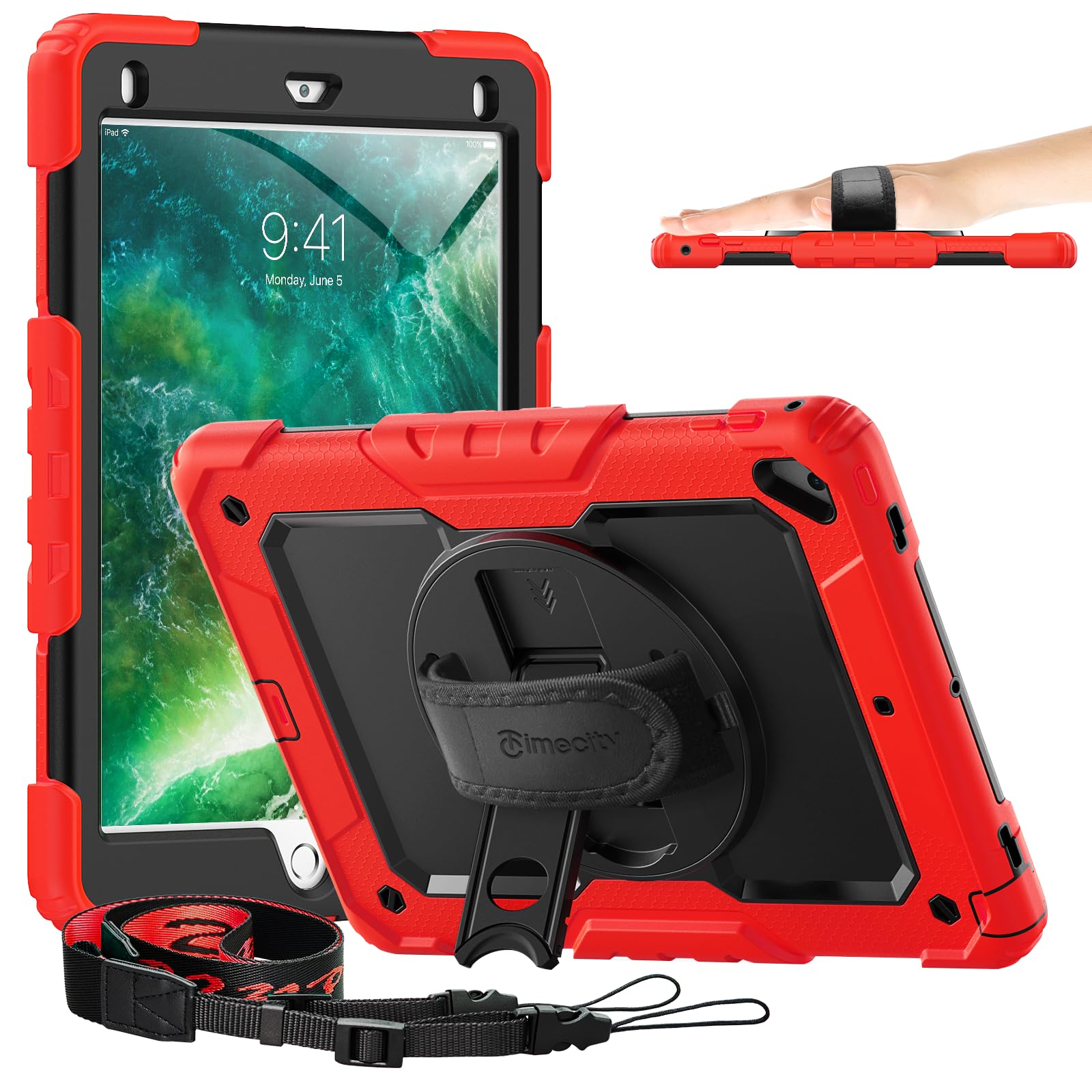 Timecity case For iPad 6th/5th Generation(2018/2017), iPad Pro 9.7 inch(2016), iPad Air 2 Case(2014), Shockproof Case with Screen Protector, 360° Rotating Kickstand, Hand Strap, Pencil Holder, Red