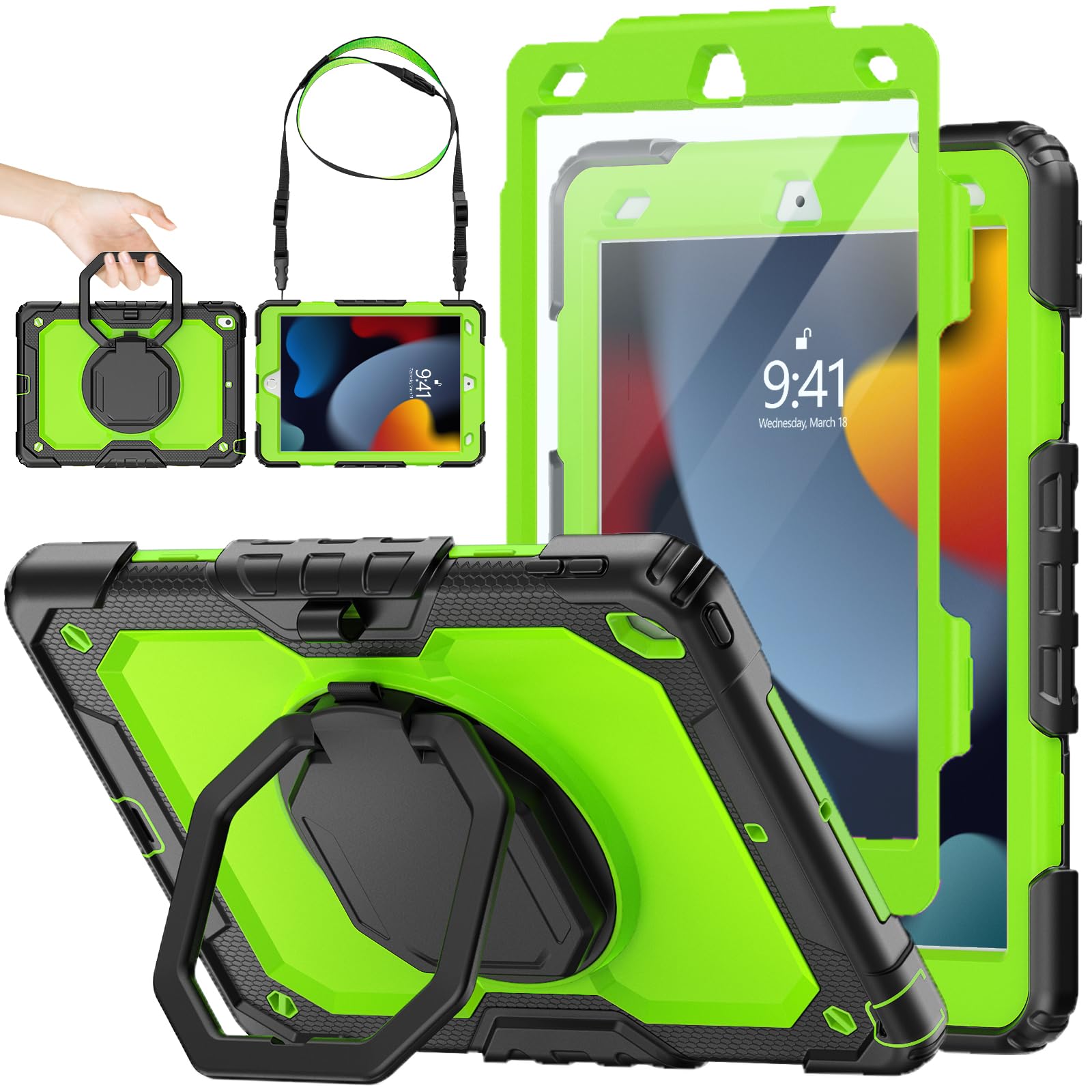 SEYMAC stock Case for iPad 9th/8th/7th Generation 10.2'' with Screen Protector, 360° Rotating Stand, Pencil Holder & Shoulder Strap, Heavy Duty Shockproof Case for iPad 10.2 Inch 2021/2020/2019, Green