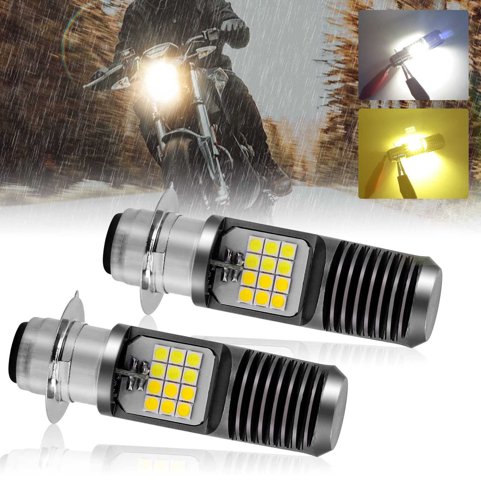Biqiure 2PCS H6M LED Motorbike Headlight Bulb Amber White,12V P15D Bulb LEDs Fog Light Motorcycle LED Headlight Bulb with High Low Beam for Motorbike ATVs
