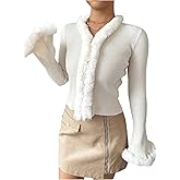 Verdusa Women's Fuzzy Fleece Collar Cardigan Sweaters Long Flare Sleeve Fitted Knit Tops