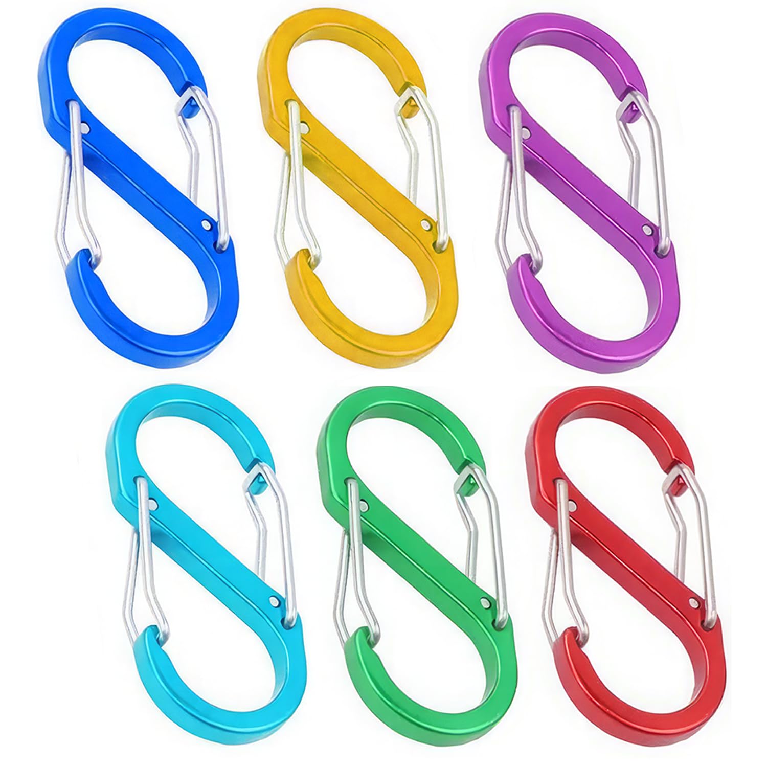 6-Pack S-Shape Carabiner Clips - Dual Spring & Ring Locking - Compact for Hiking, Camping, Fishing, Travel, Home Use - 6 Colours