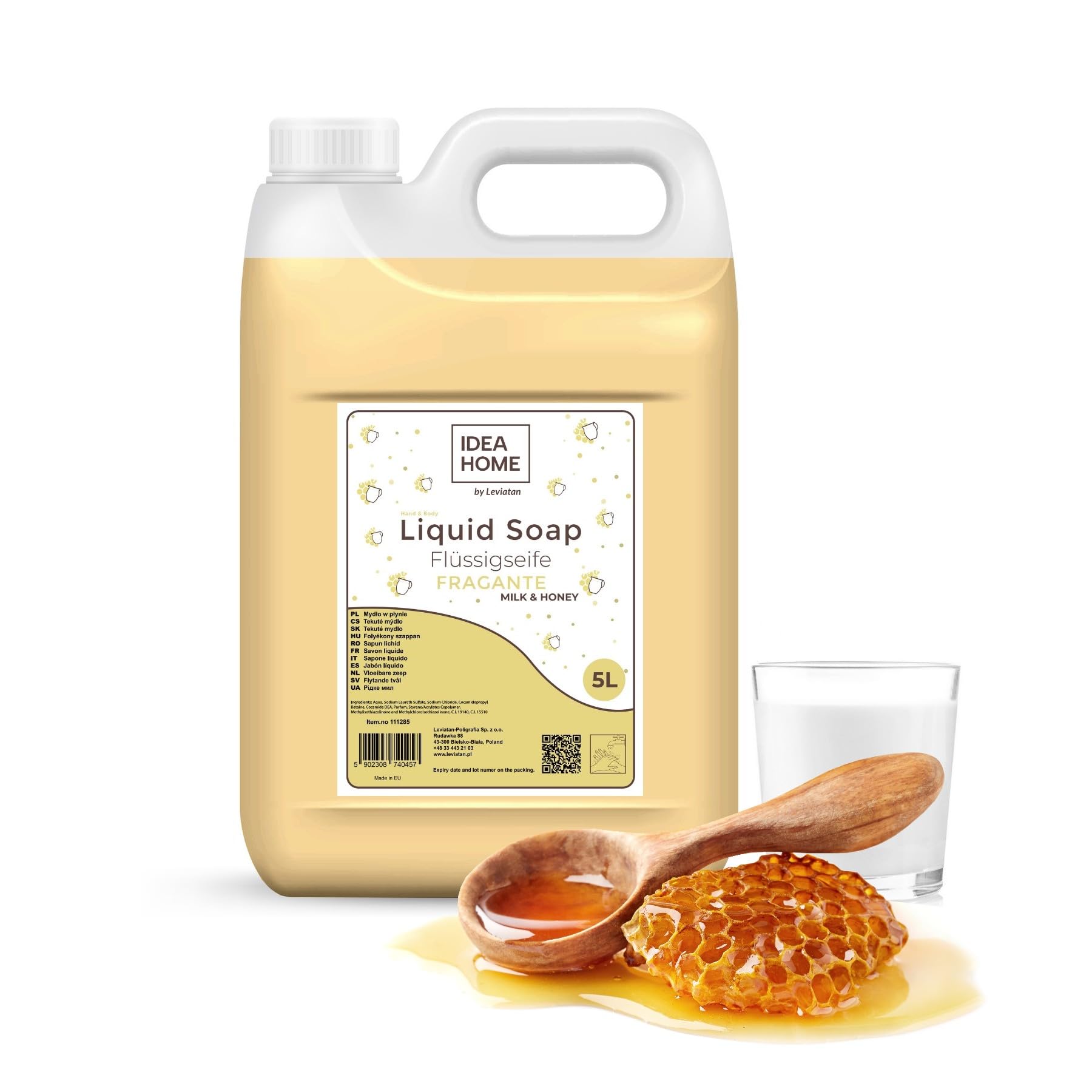 IDEA HOME FRAGANTE Hand Soap Liquid 5L - Soap Canister for All Skin Types - Good Foaming - Cream Soap Rich in Vitamins A, E, F and Minerals - Milk and Honey
