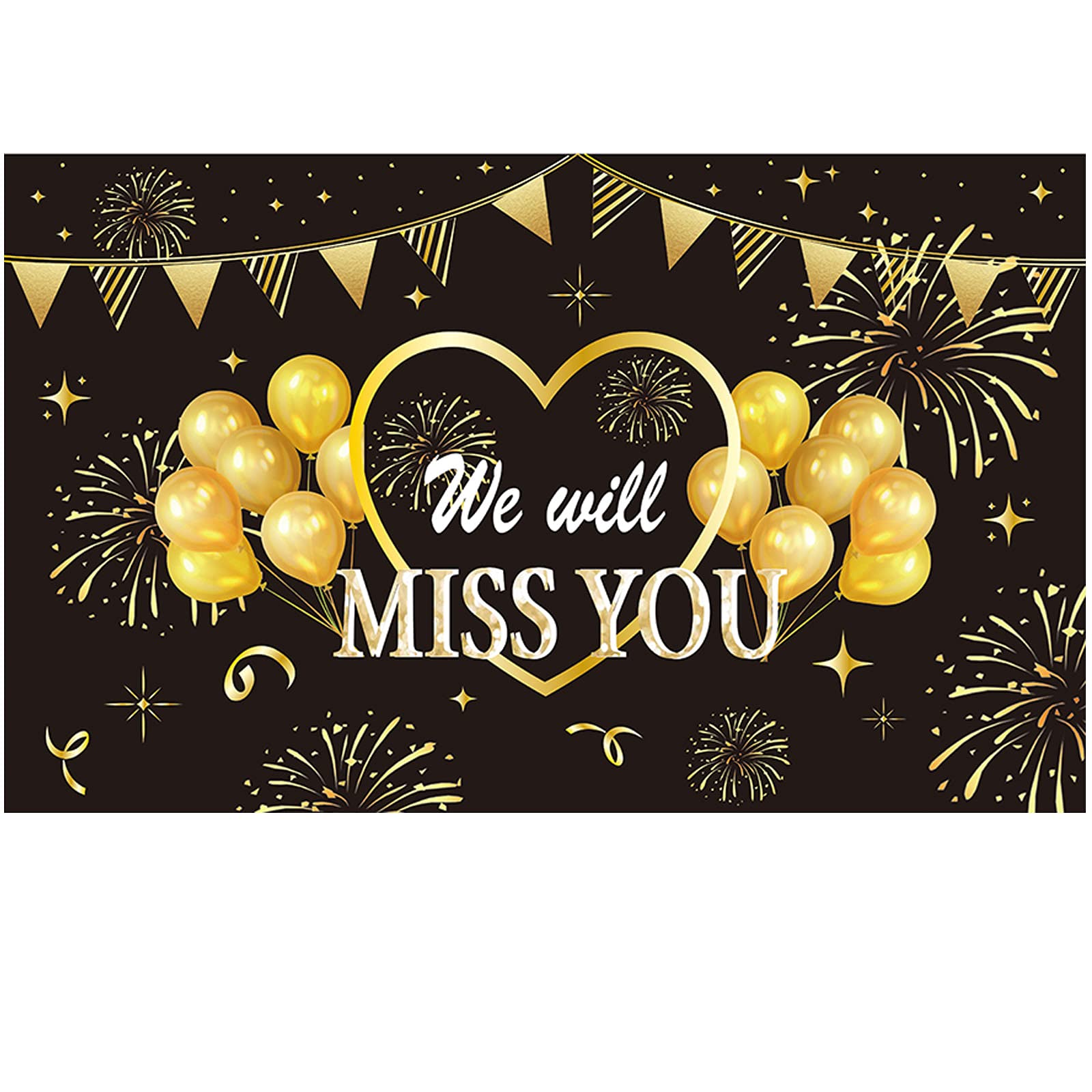 FINGERINSPIRE 180x110cm We Will Miss You Banners with Hanging Rope Black & Gold Going Away Party Supplies Backdrop Rectangle Polyester Hanging Banner Sign for Outdoor & Indoor Decor