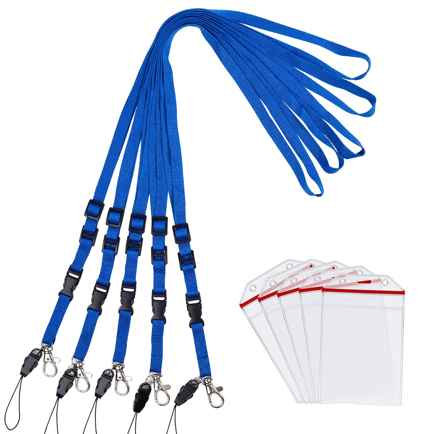 Wisdompro 5 Set Lanyard with Card Holder, Blue Neck Strap Lanyard and Waterproof Transparent Ziplock Badge Holder for ID Card Keys Tickets, Cruise Office School Supplies- Vertical Blue