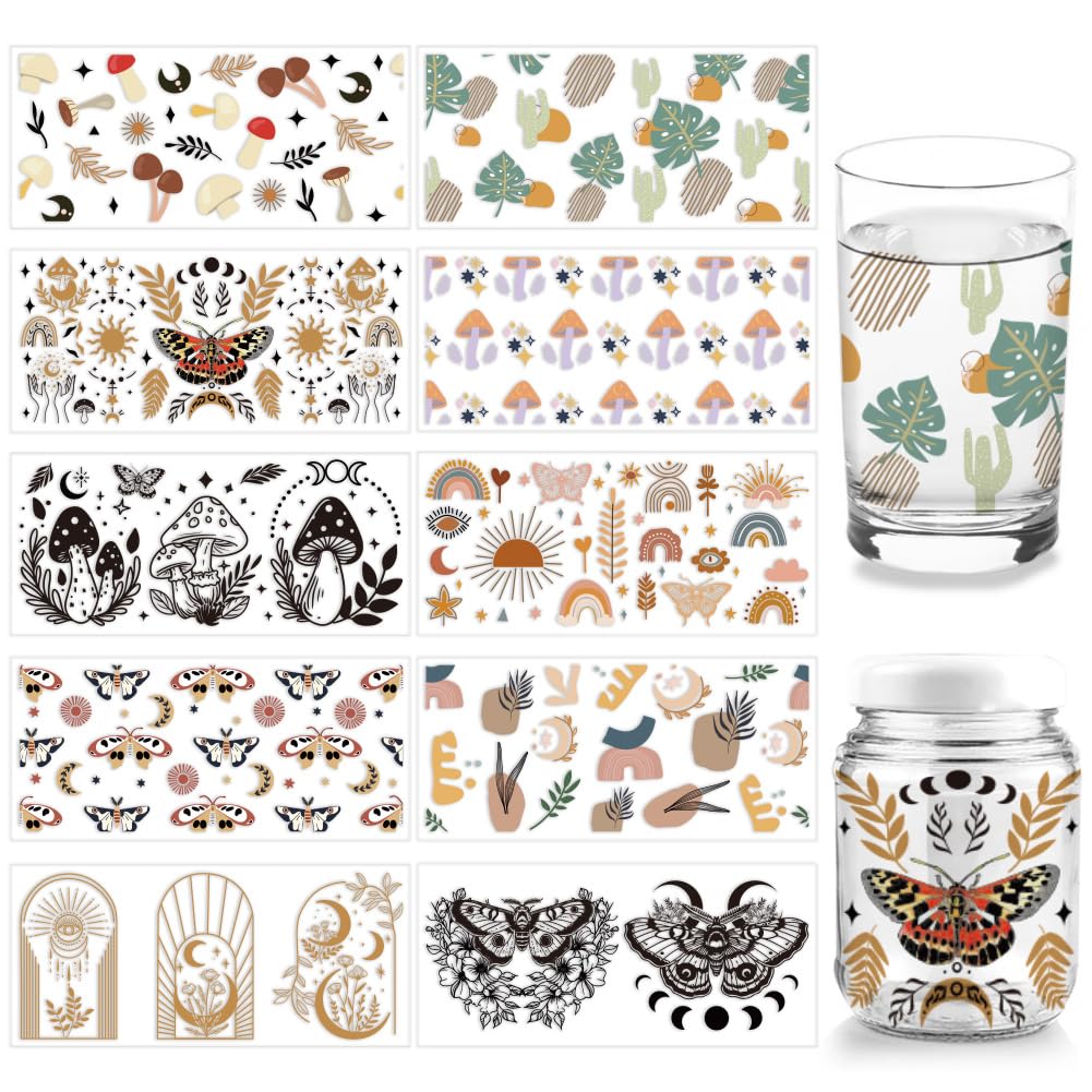 arricraft 10 Sheets UV DTF Cup Wrap, 10 Styles Boho Theme Mushroom Butterfly Moth Rub on Transfers PVC Paper Waterproof Rub Decals for DIY 16OZ Glass Cups Furniture Wood Crafts