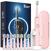 Rtauys M5 Sonic Electric Toothbrush for Adults and Kids - Rechargeable Electric Toothbrush Kids Ages 12+ and Adults with 8 Brush Heads & Travel Case, 120 Days Battery Life - Pink