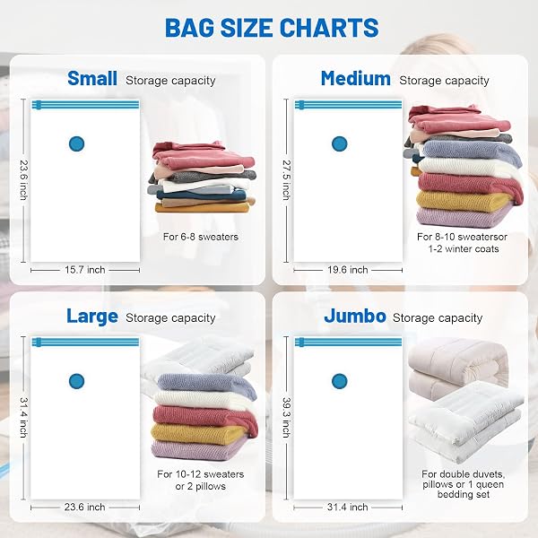 VACUUM STORAGE BAGS FOR CLOTHING,WITH ELECTRIC AIR PUMP SPACE SAVING COMPRESSION BAGS,WATERPROOF, 80% STORAGE REDUCTION,6 PACK VACUUM SEAL BAGS(6 PACK JUMBO) FOR CLOTHES
