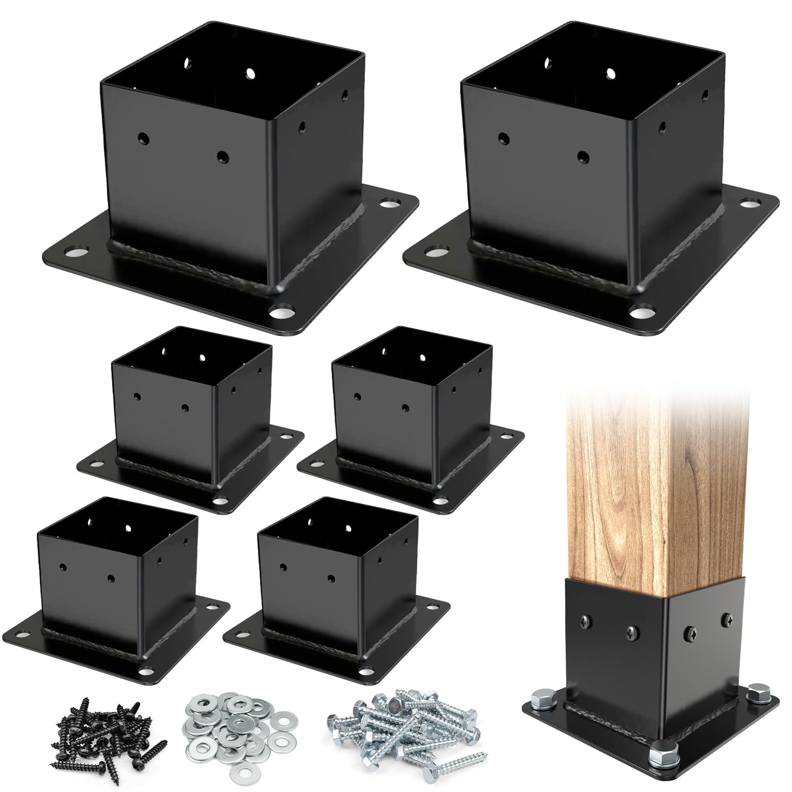 Photo 1 of Eapele 4x4 Post Bracket Anchor Base, Powder Coated Steel Made for Fence Railings, Privacy Panels, Pergolas, Gazebos, and Mailbox Support Brackets (6pcs, Black)