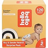 Hello Bello Diapers, Size 2 (10-16 lbs) Surprise Pack for Boys - 120 Count of Premium Disposable Baby Diapers, Hypoallergenic with Soft, Cloth-Like Feel - Assorted Boy & Gender Neutral Patterns
