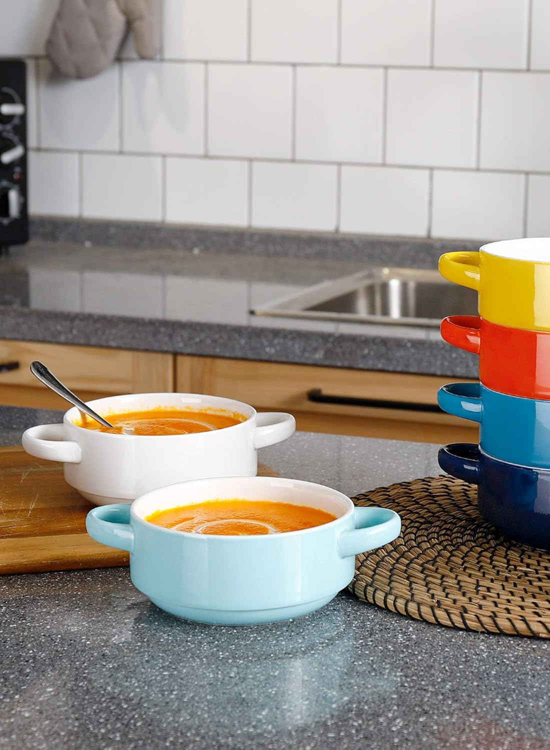  | Sweese 108.002 Porcelain Bowls with Handles - 20 Ounce for Soup, Cereal, Stew, Chill, Set of 6, Hot Assorted Colors: Soup Bowls