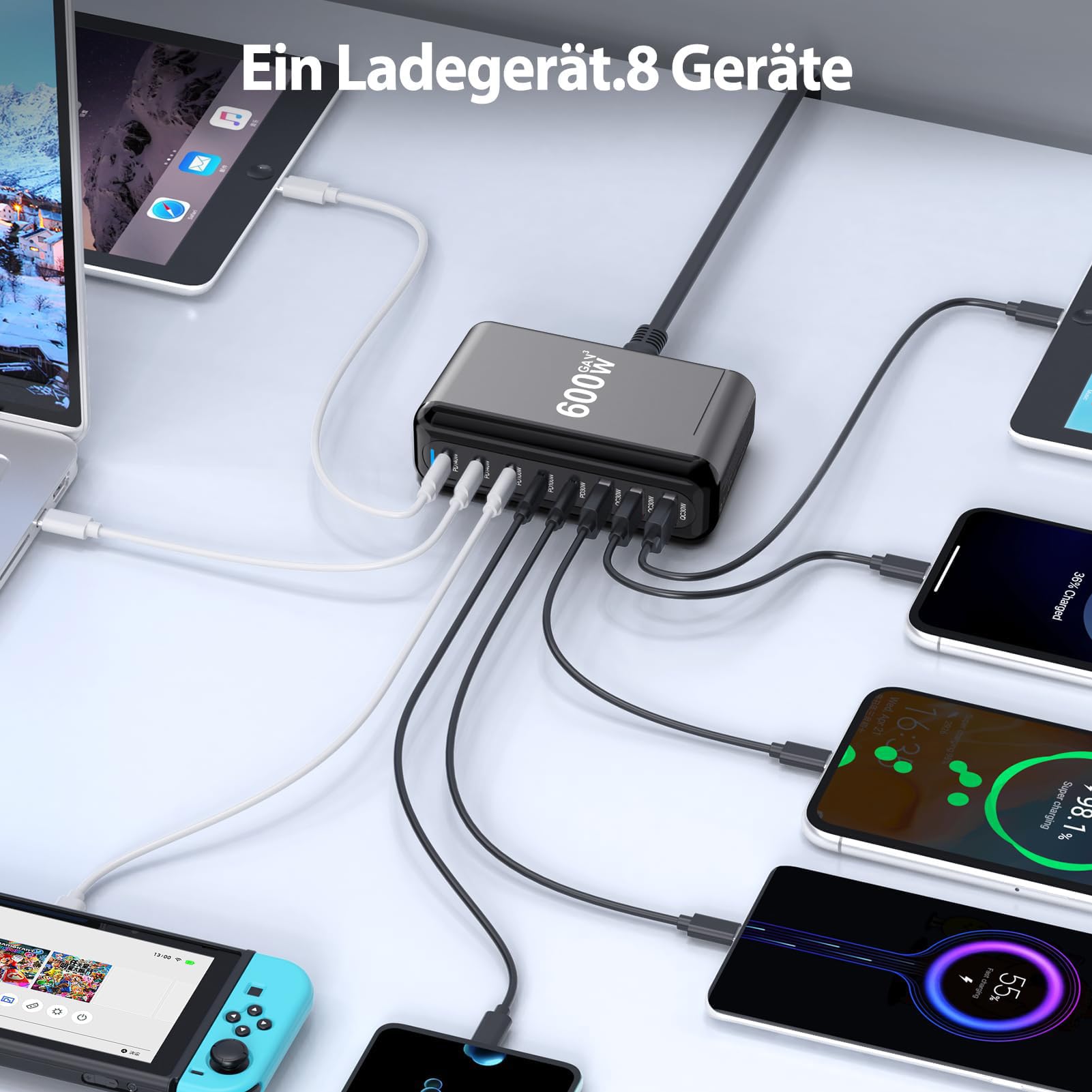 USB C Charger Block 600W 8 Port Ladegerät PD 140W Netzteil GaN Fast Charging Station Hub Type C Charger Adapter for iPad Pro, iPhone 17 MacBook Air Samsung Galaxy S26 Pixel Dell Android Laptop 7
