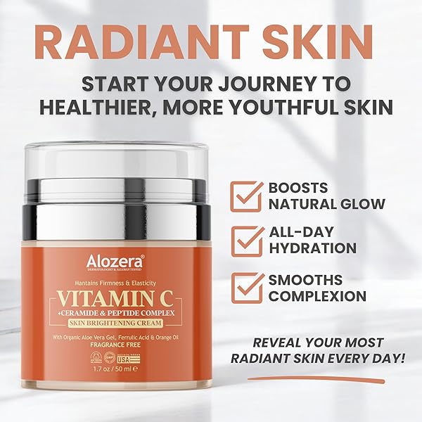 ALOZERA VITAMIN C FACE CREAM – BRIGHTENING & ANTI-AGING MOISTURIZER, PREVENTS, REPAIRS, AND NOURISHES AGING SKIN; HELPS WITH UNEVEN SKIN TONE AND WRINKLES, DAY & NIGHT CREAM – 1.7 OZ.