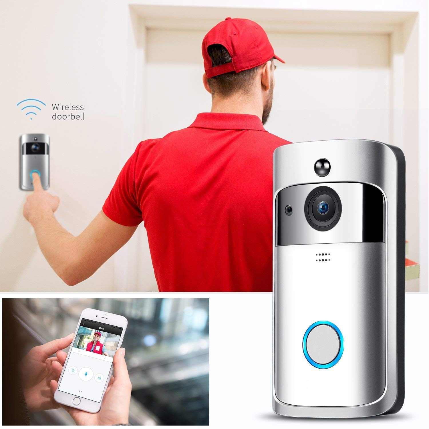 Wireless Video Doorbell with LED Ring Button HD Wifi Camera with Real-time Video, Two-Way Talk, Night Vision, PIR Motion Detection, SD Card IOS Android,Powered by AC & DC & Battery (6 Months Work)