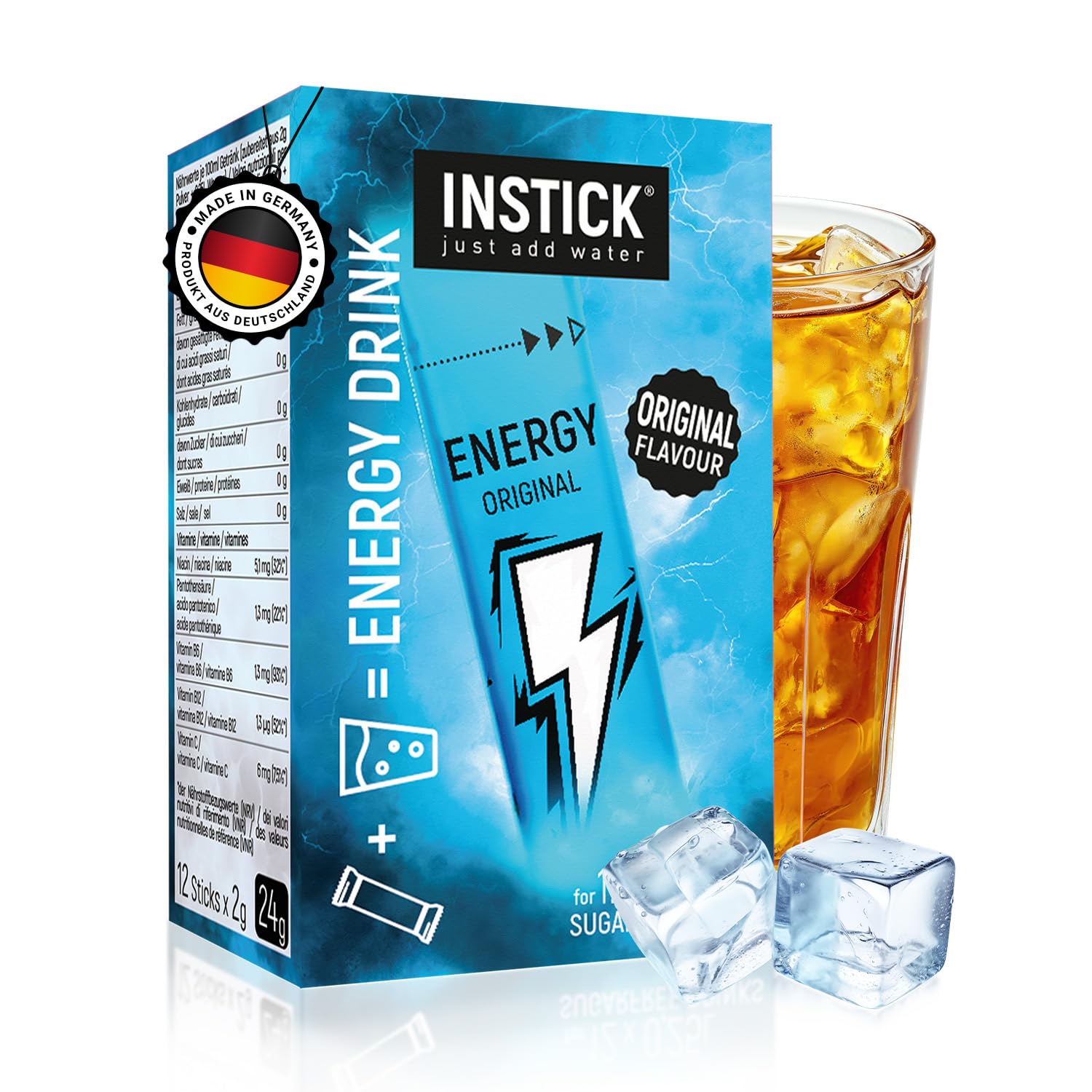 INSTICK Zuckerfreier Energydrink (Original) - Kalorienarmes Energy Getränkepulver mit Koffein & Vitaminen - Instant-Pulver für 12 x 0,25 L