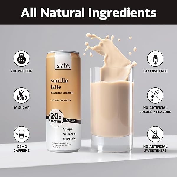 SLATE MILK – HIGH PROTEIN ICED COFFEE – VANILLA LATTE – 175MG CAFFEINE, LACTOSE FREE ENERGY – 20G PROTEIN, 1G SUGAR, 100 CALORIES, 1G NET CARBS, NO SUGAR ADDED – PROTEIN COFFEE – 11 FL OZ, 12 CANS