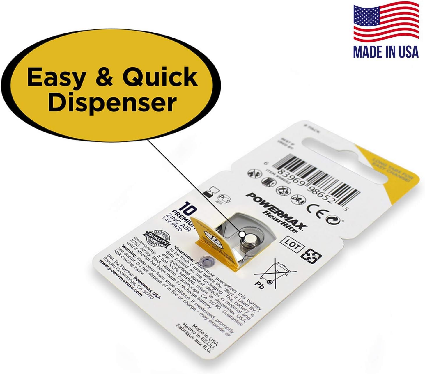 Powermax Size 10 Hearing Aid Batteries, Yellow Tab, Made In the USA, 64 Count: Health & Personal Care