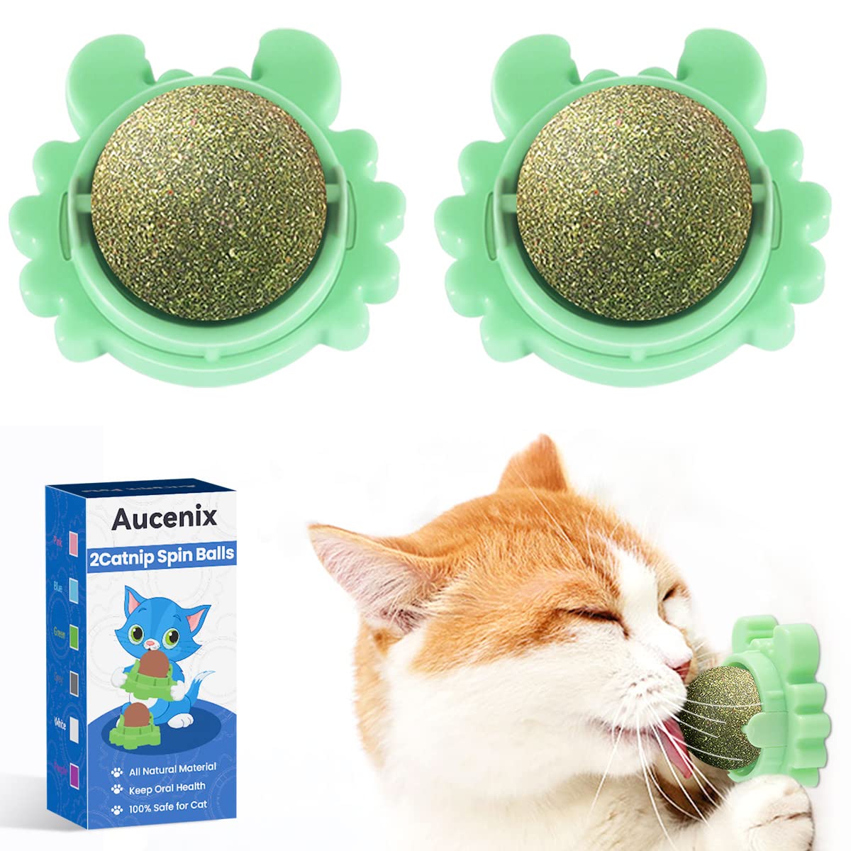 Aucenix Catnip Balls Toy for Cat, Wall Catnip Roller for Cat Licking, Teeth Cleaning Dental Edible Kitten Toy, Natural Rotating Cat Toy (Green-2pcs)