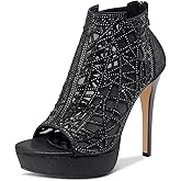 HDEUOLM Women Crystal Stiletto Platform Sandals Peep-Toe High Heels Roman Sandals With Zipper 5.1 Inch Heel